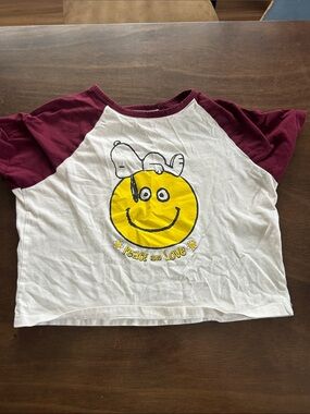 Peanuts White & Maroon Raglan Tee with Snoopy Smiley